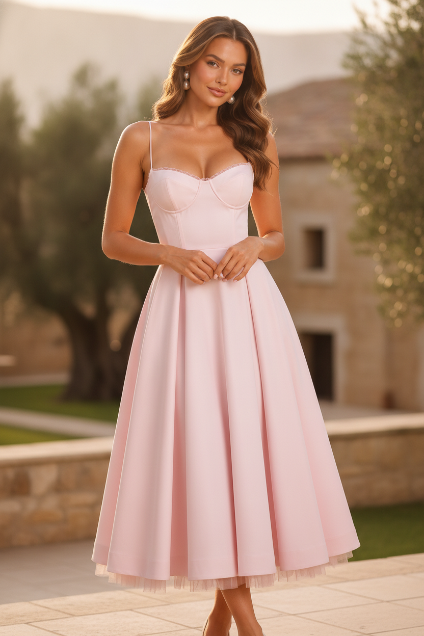 Satin Midi Dress with Sweetheart Neckline and Full Skirt
