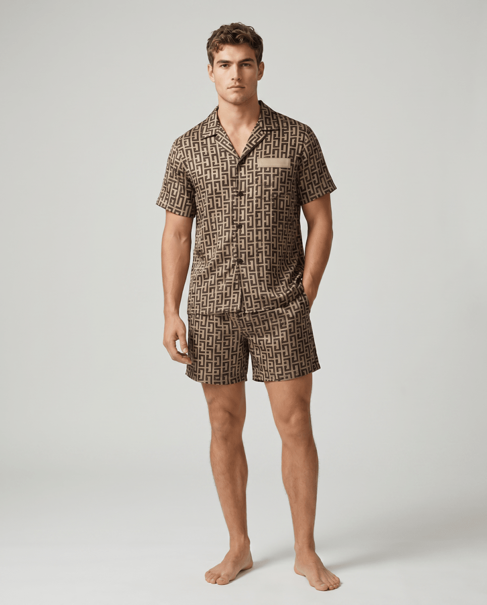 Ensemble de pyjama satiné à manches courtes pour homme | Chemise boutonnée rayée et short