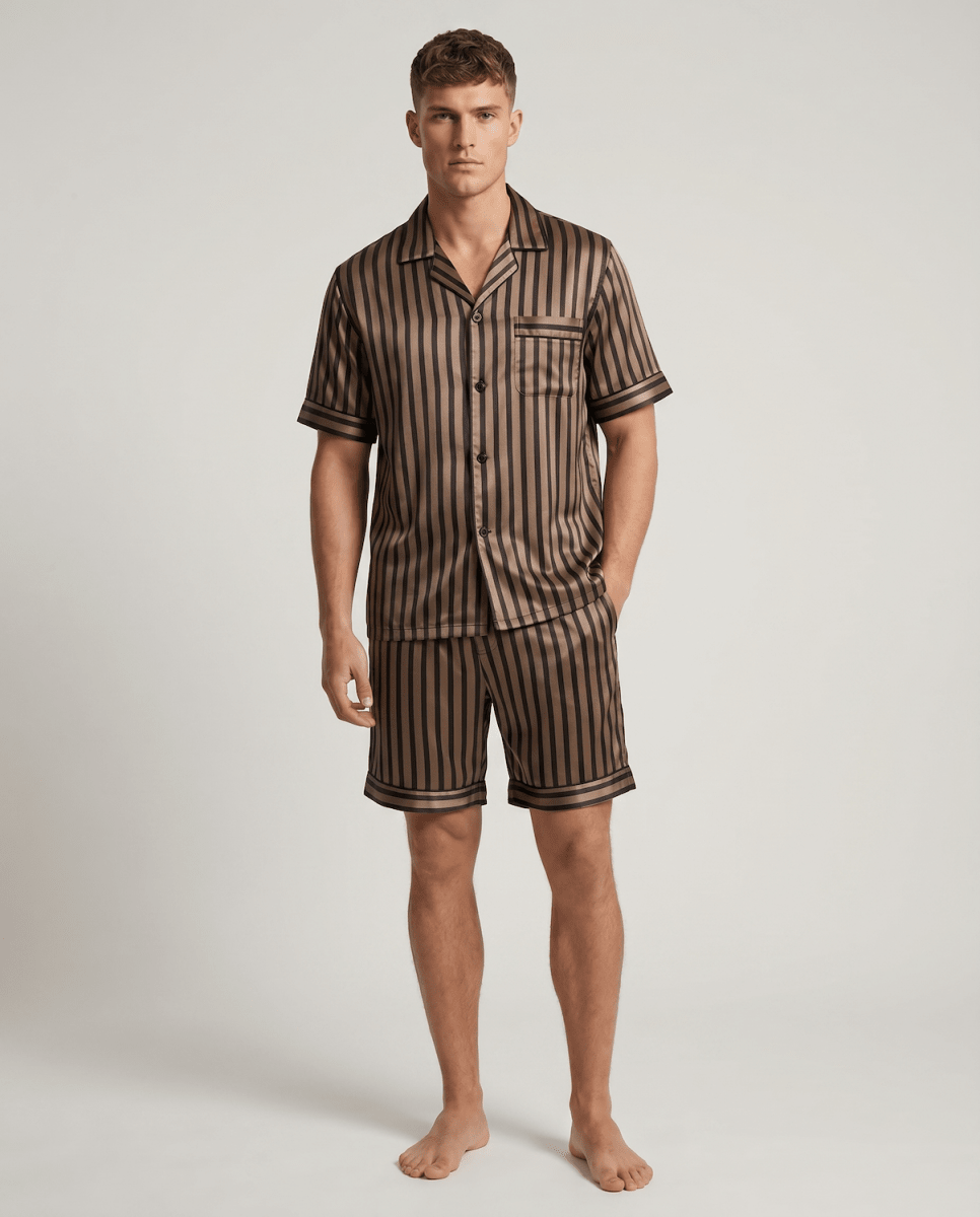 Ensemble de pyjama satiné à manches courtes pour homme | Chemise boutonnée rayée et short