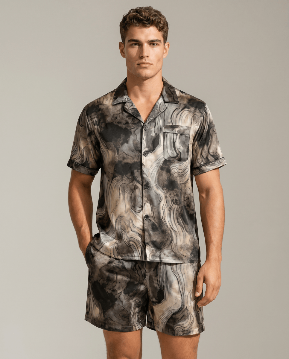 Ensemble de pyjama satiné à manches courtes pour homme | Chemise boutonnée rayée et short