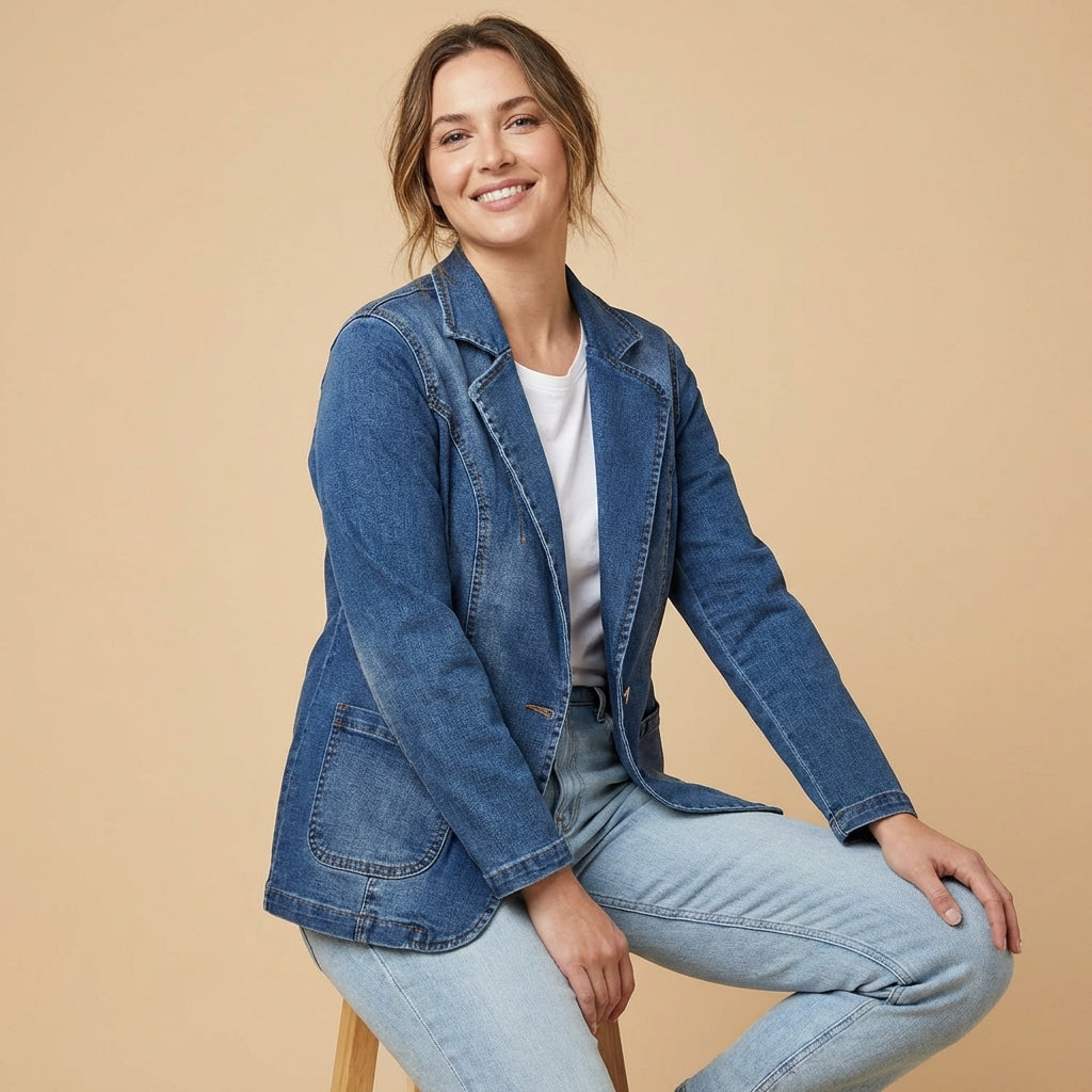 Denim Blazer with Notched Lapel and Patch Pockets