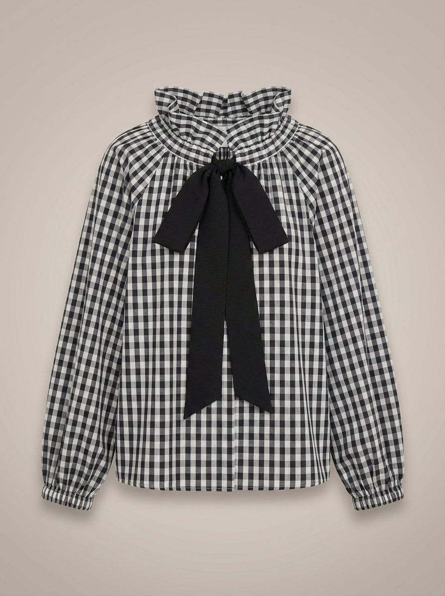 Damska bluzka z wysokim kołnierzem i wiązaniem
