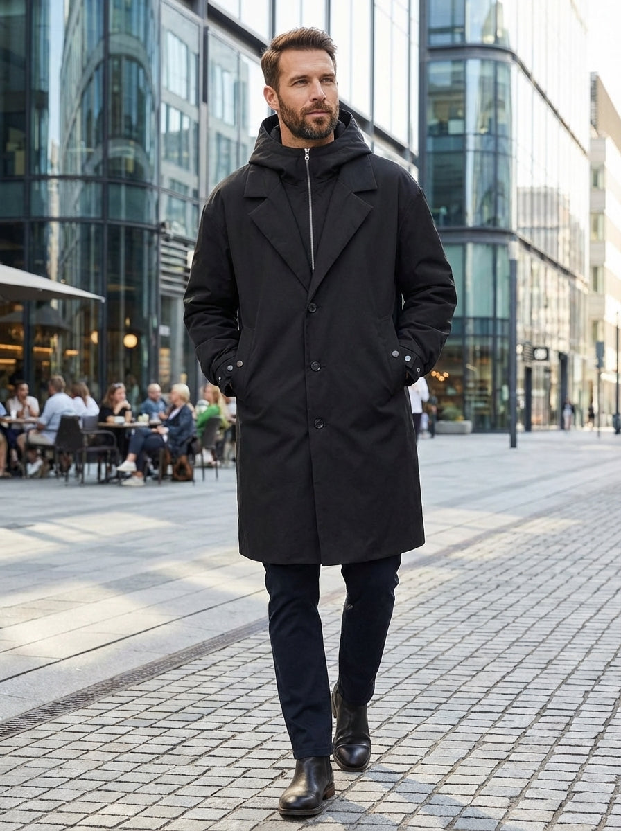 Men's Hooded Long Coat | Smart Casual Winter Jacket