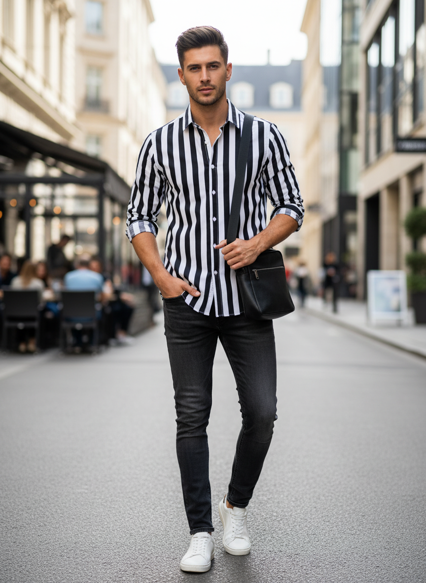 Men's Striped Linen Shirt with Button Front