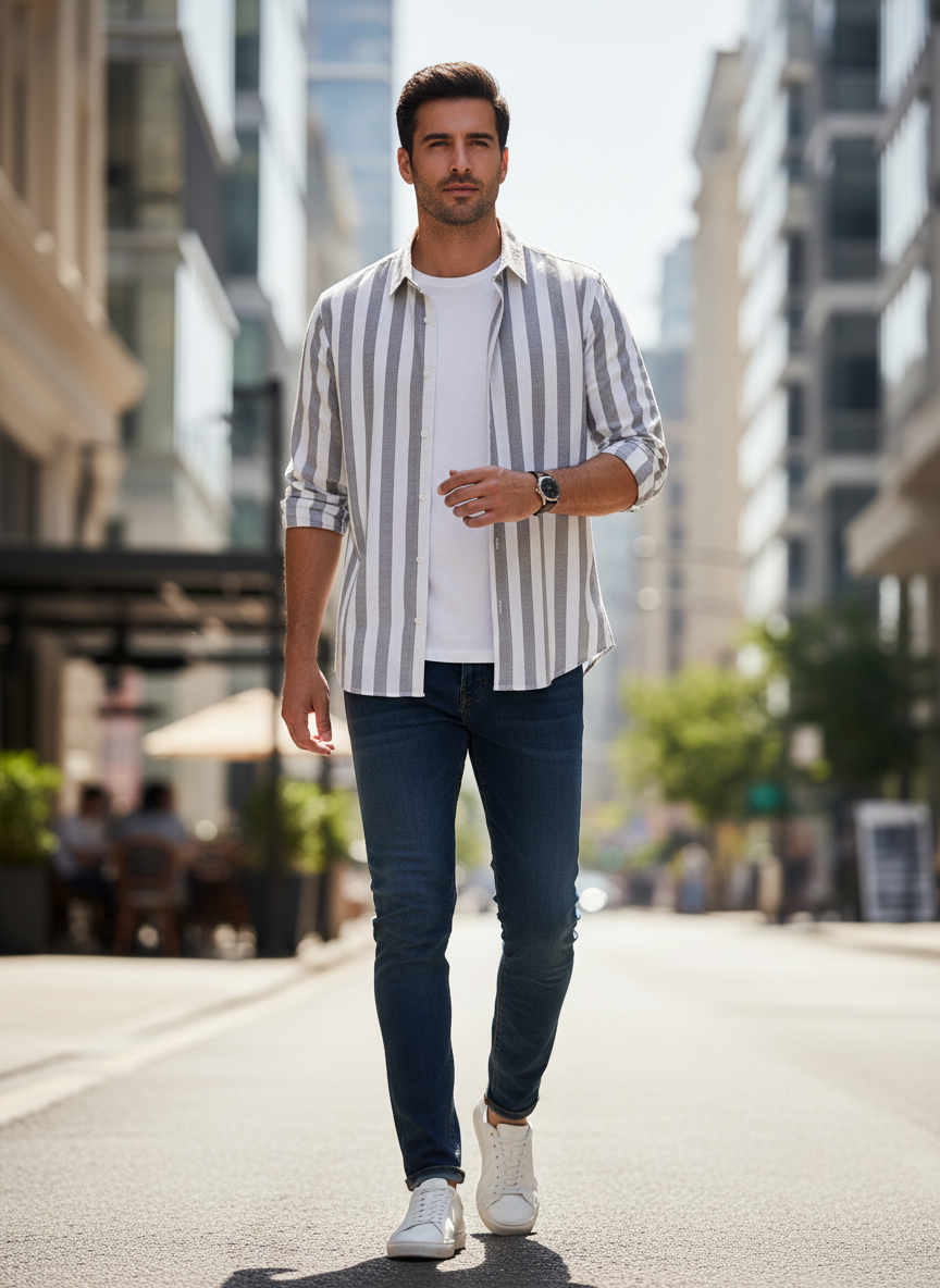 Men's Striped Linen Shirt with Button Front
