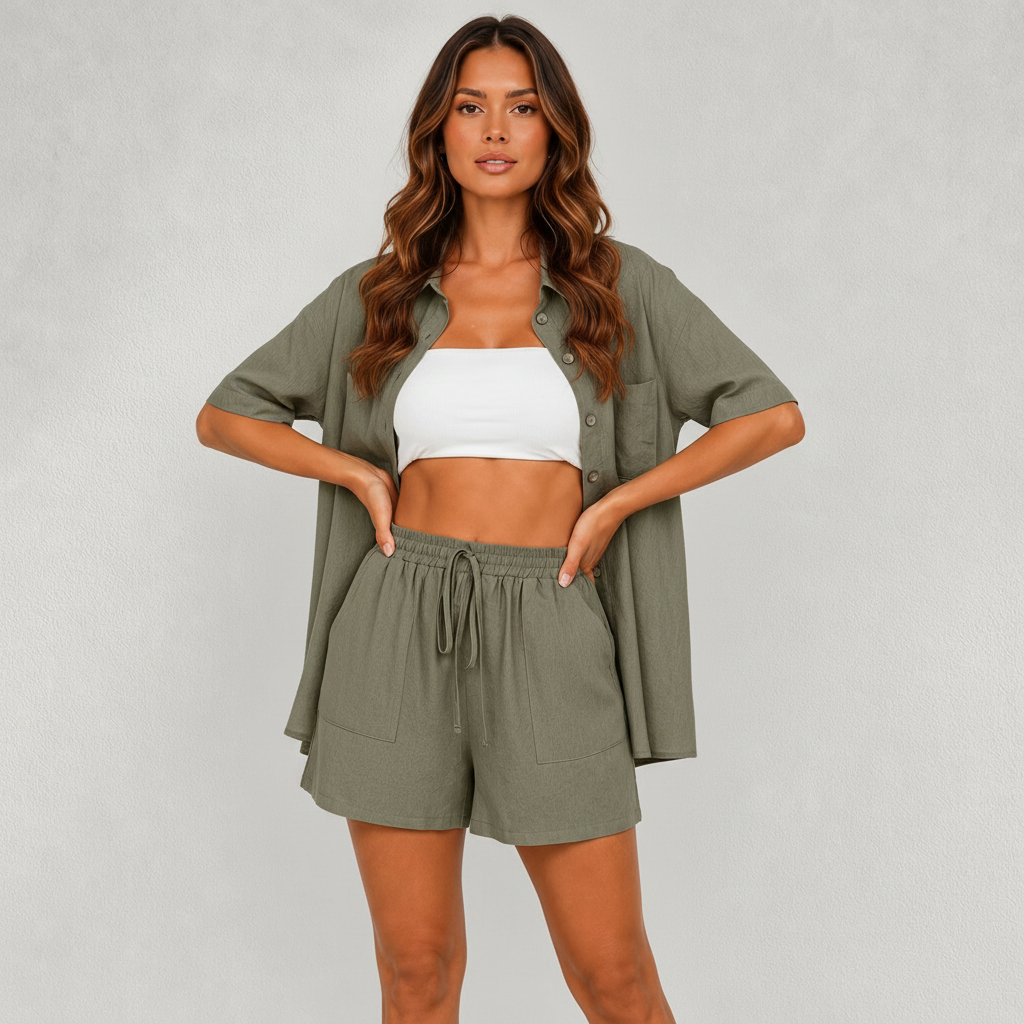Linen Shirt and Shorts Set with Relaxed Fit