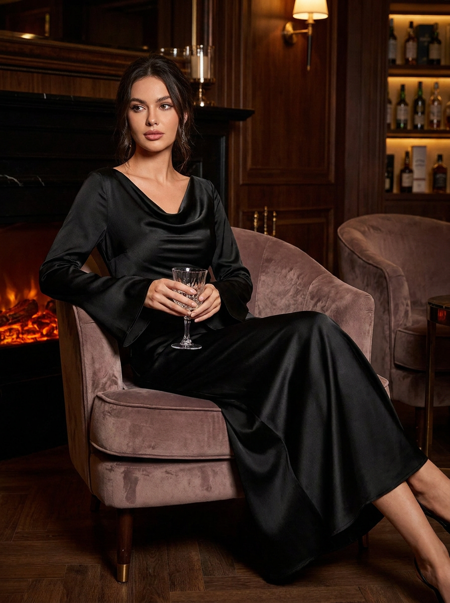 Satin Maxi Dress with Bell Sleeves and Scoop Neck