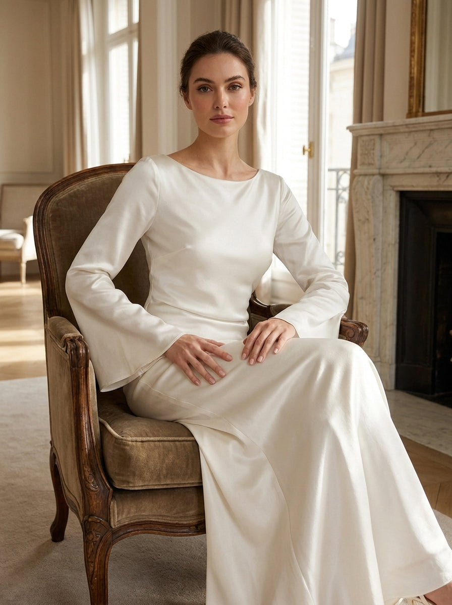 Satin Maxi Dress with Bell Sleeves and Scoop Neck