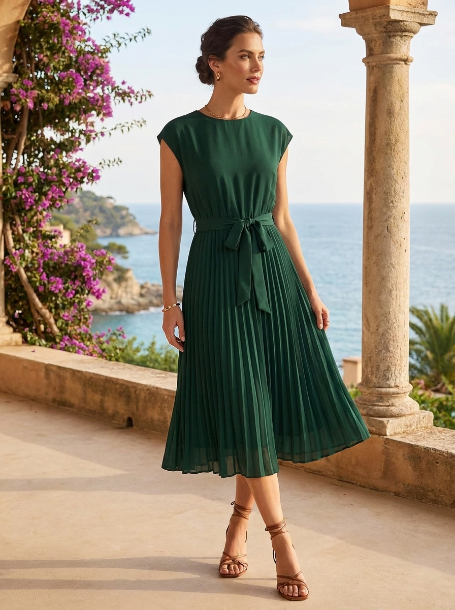 Pleated Midi Dress with Cap Sleeves and Tie Waist