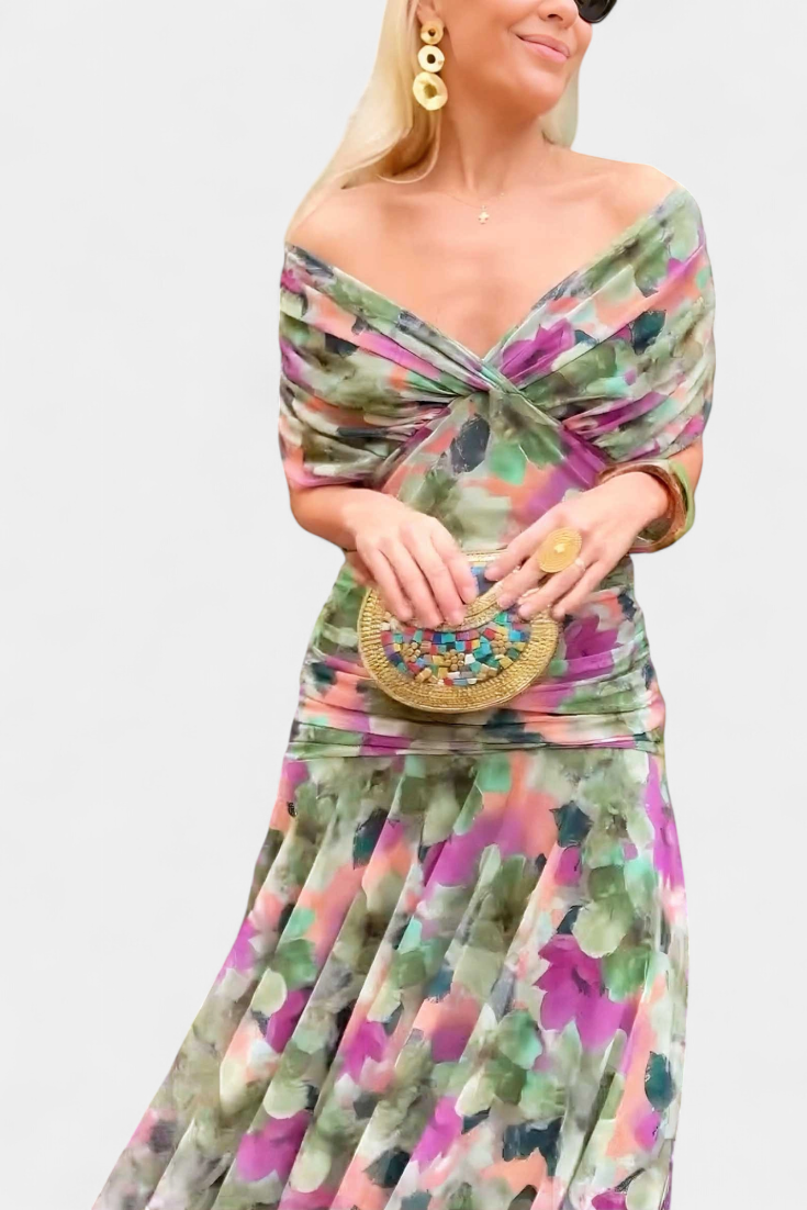 Off-Shoulder Midi Dress with Ruched Bodice