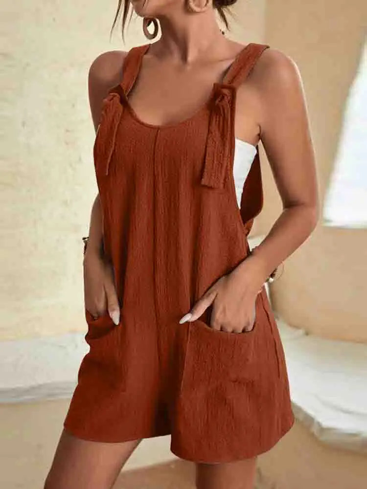 Women's Cotton Blend Tie Strap Playsuit with Pockets