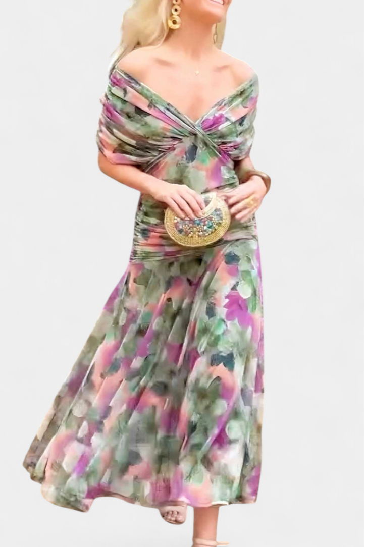 Off-Shoulder Midi Dress with Ruched Bodice
