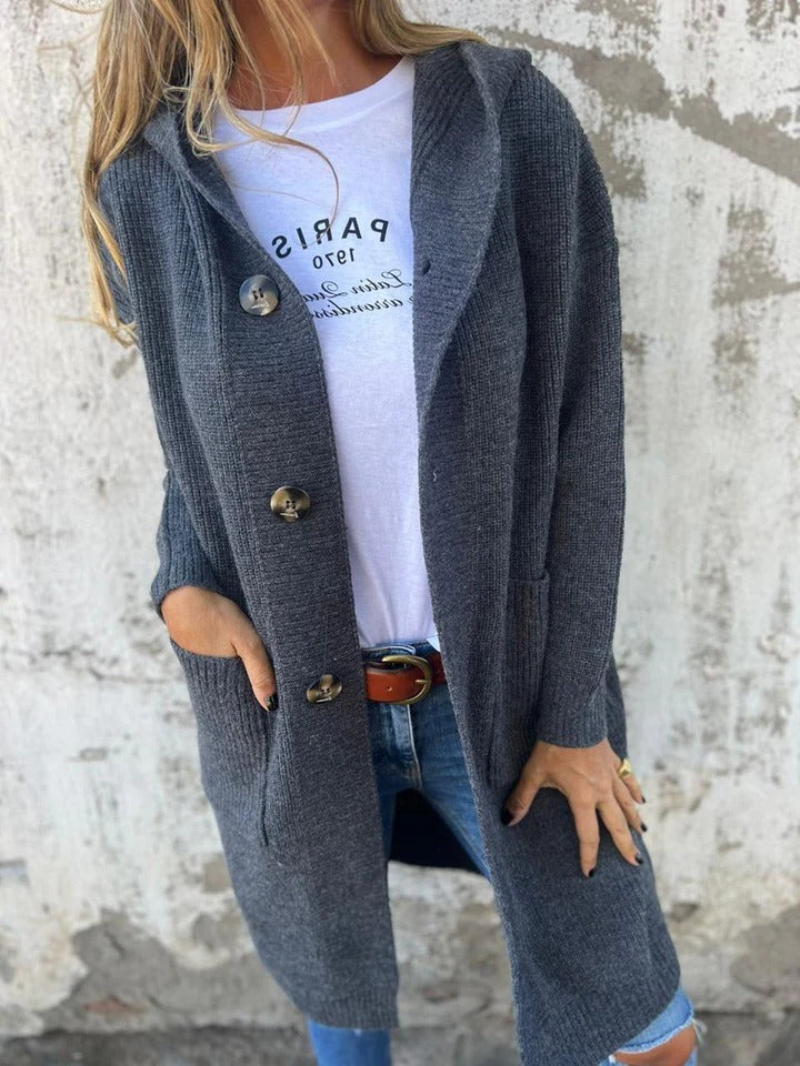 Women's Long Sleeve Cardigan | Ribbed Knit Hooded Coat