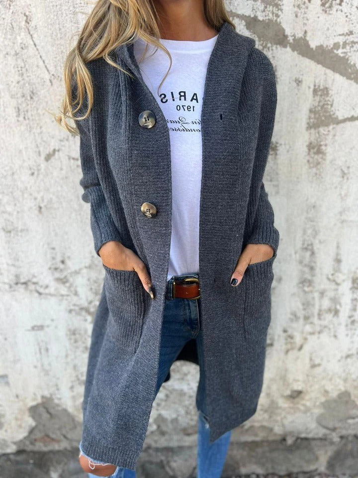 Women's Long Sleeve Cardigan | Ribbed Knit Hooded Coat