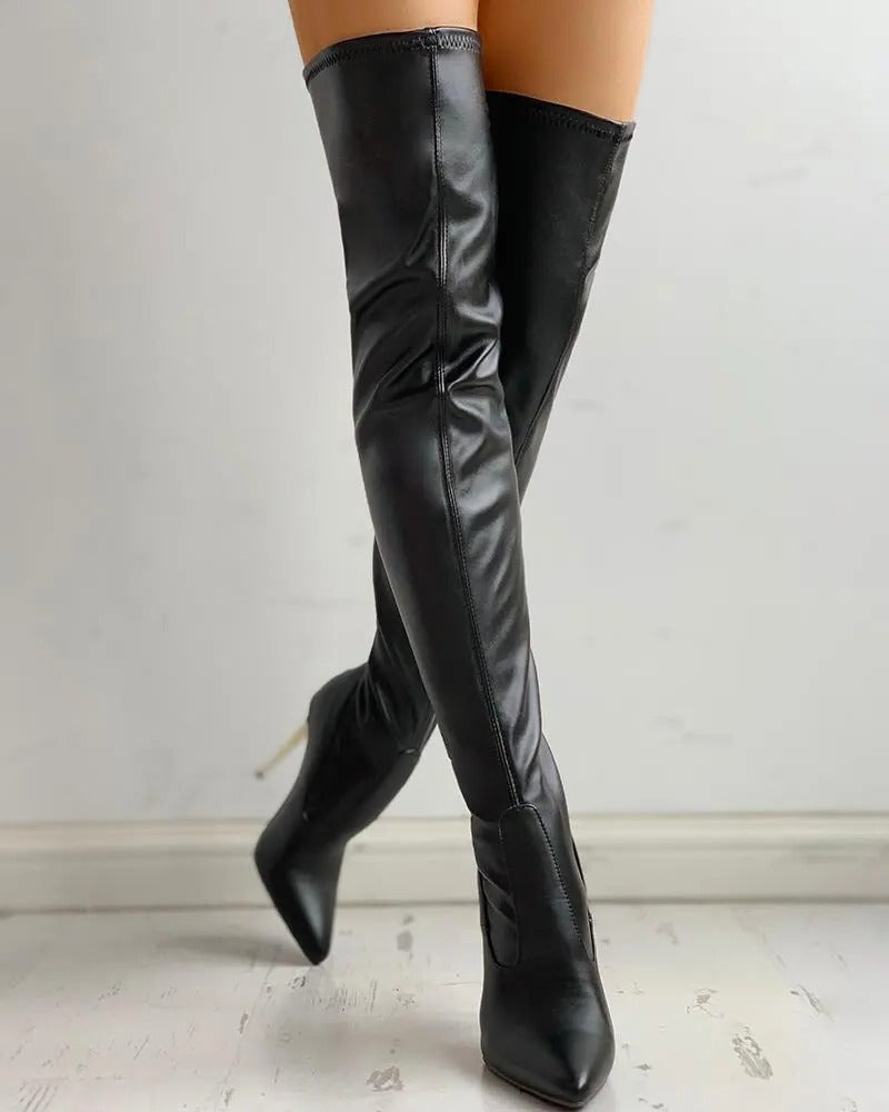 Bottes cuissardes pour femme | Similicuir noir à talon haut