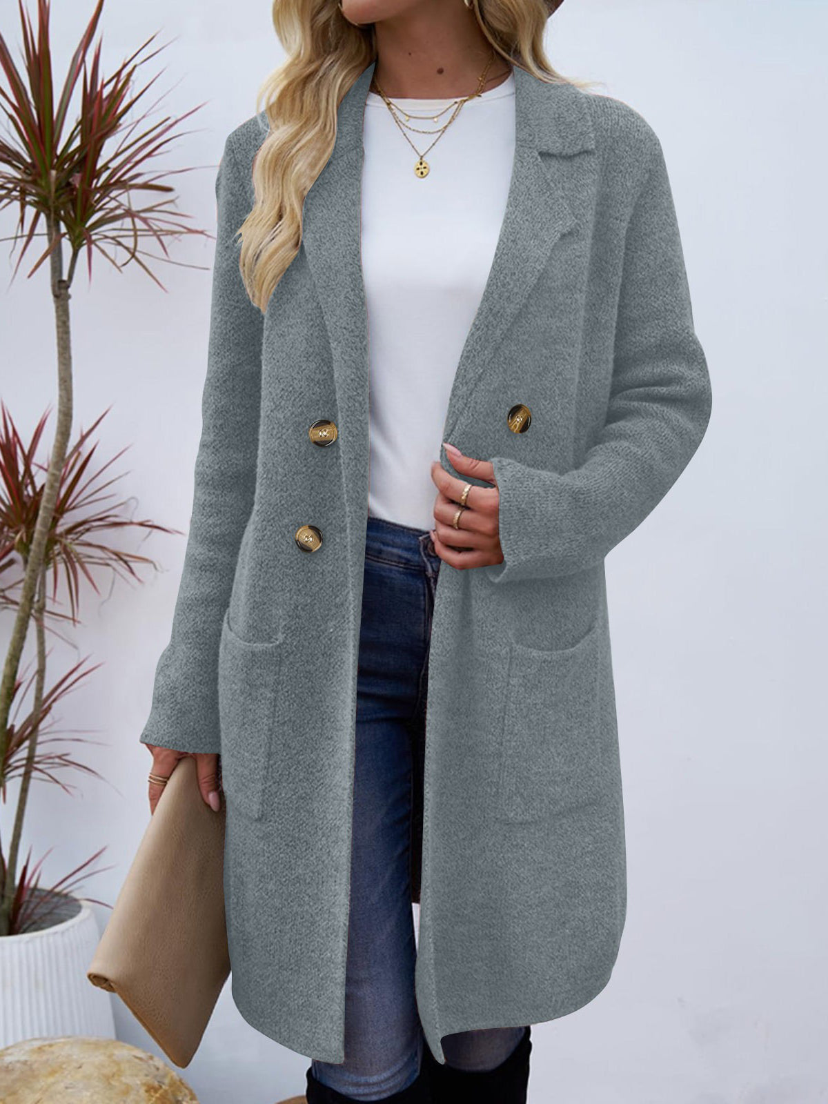 Long cardigan en maille pour femme | Manteau blazer ouvert sur le devant