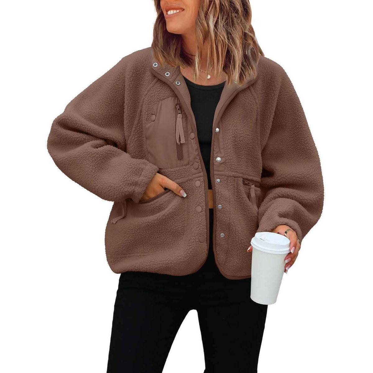 Women's Cropped Sherpa Fleece Jacket | Button-Down Shacket