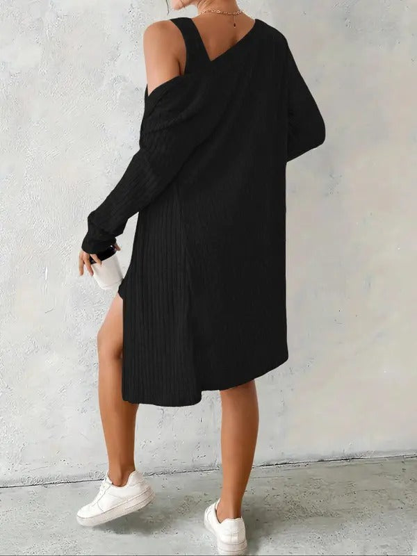 Ensemble robe et cardigan en maille côtelée pour femme | Robe courte sans manches