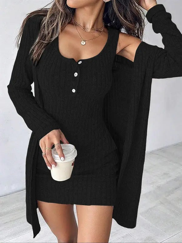 Ensemble robe et cardigan en maille côtelée pour femme | Robe courte sans manches