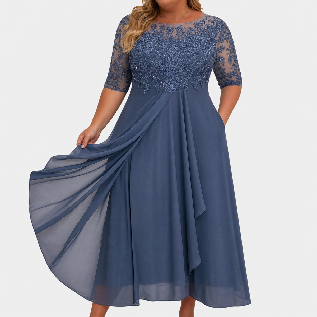Robe midi en dentelle et mousseline pour femme avec jupe drapée