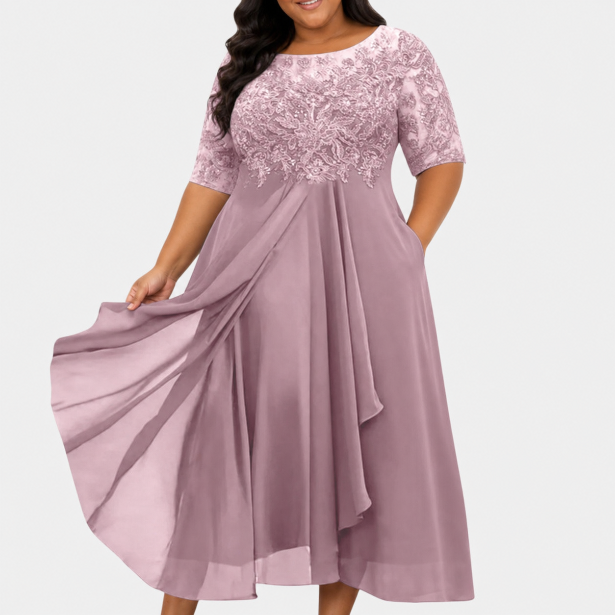 Robe midi en dentelle et mousseline pour femme avec jupe drapée
