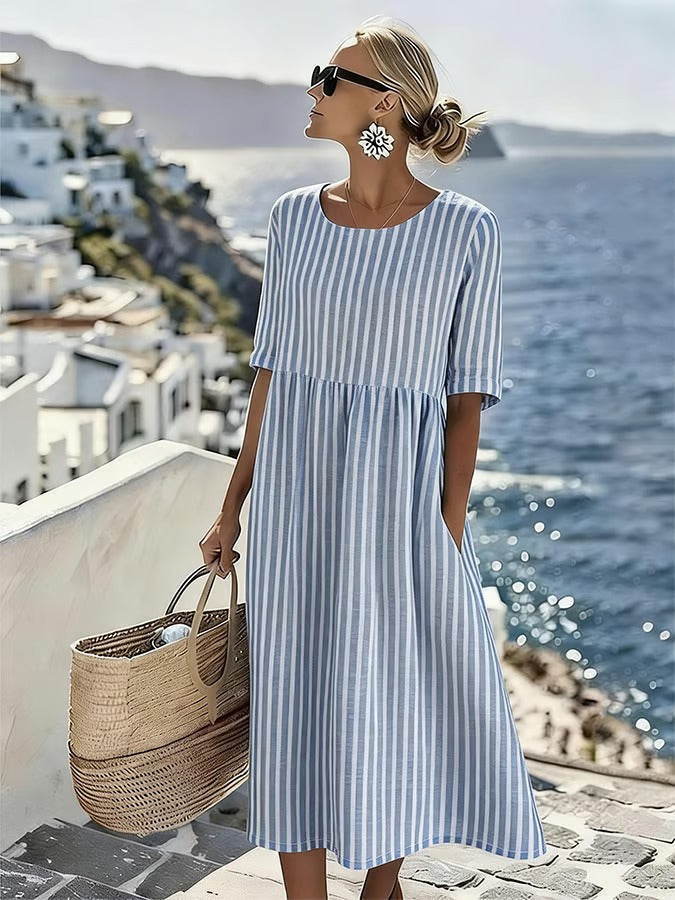 Striped Midi Dress with Round Neck and Pockets