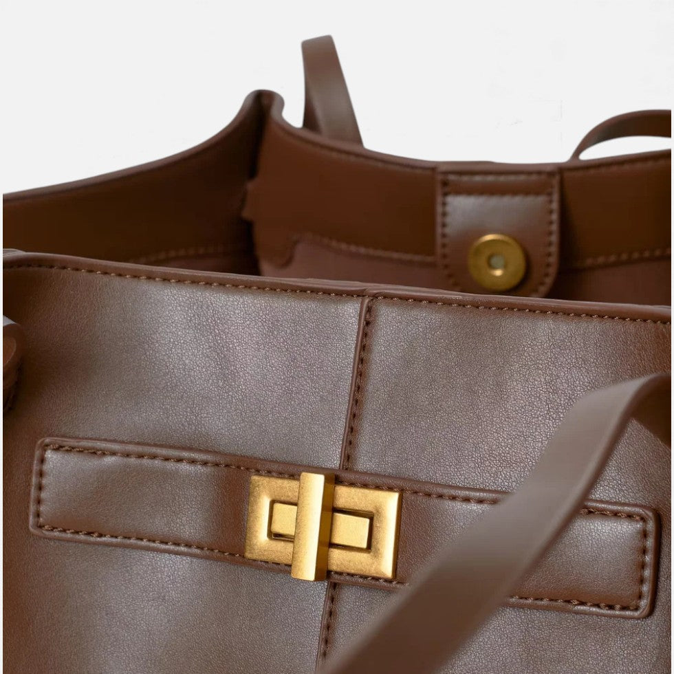 Women's Oversized Leather Tote Bag with Turn-Lock Closure