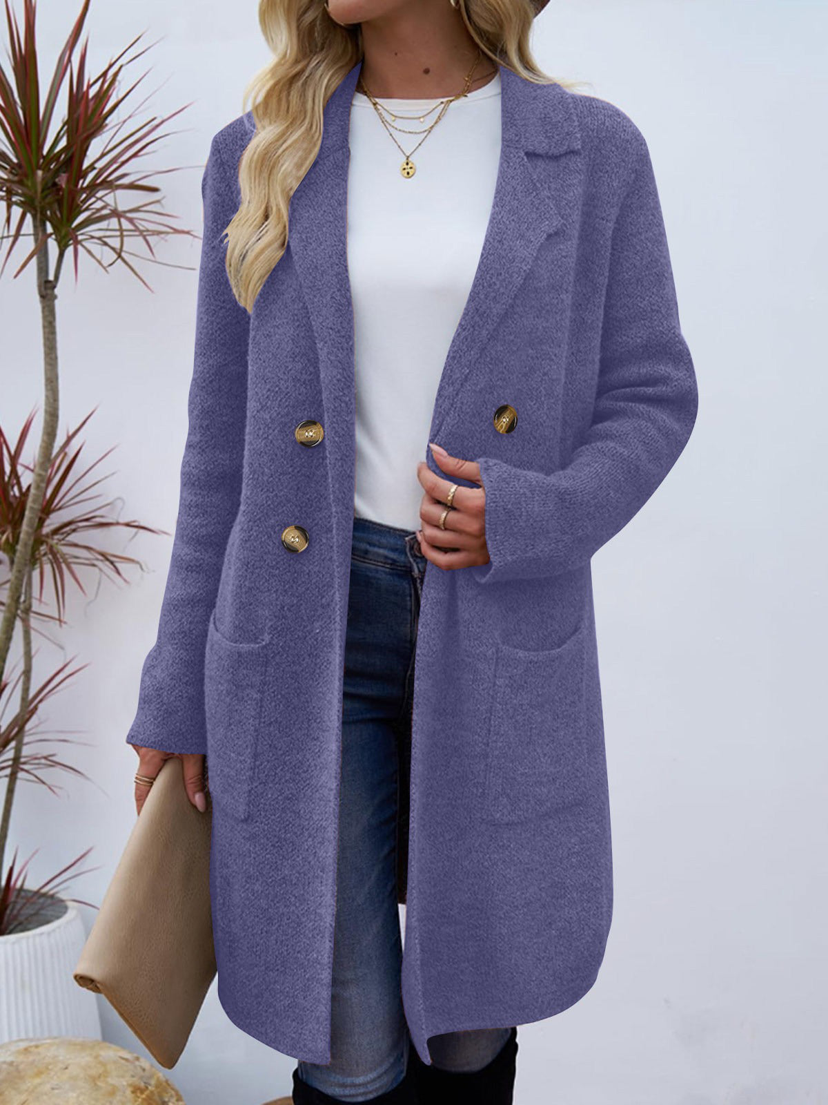 Long cardigan en maille pour femme | Manteau blazer ouvert sur le devant