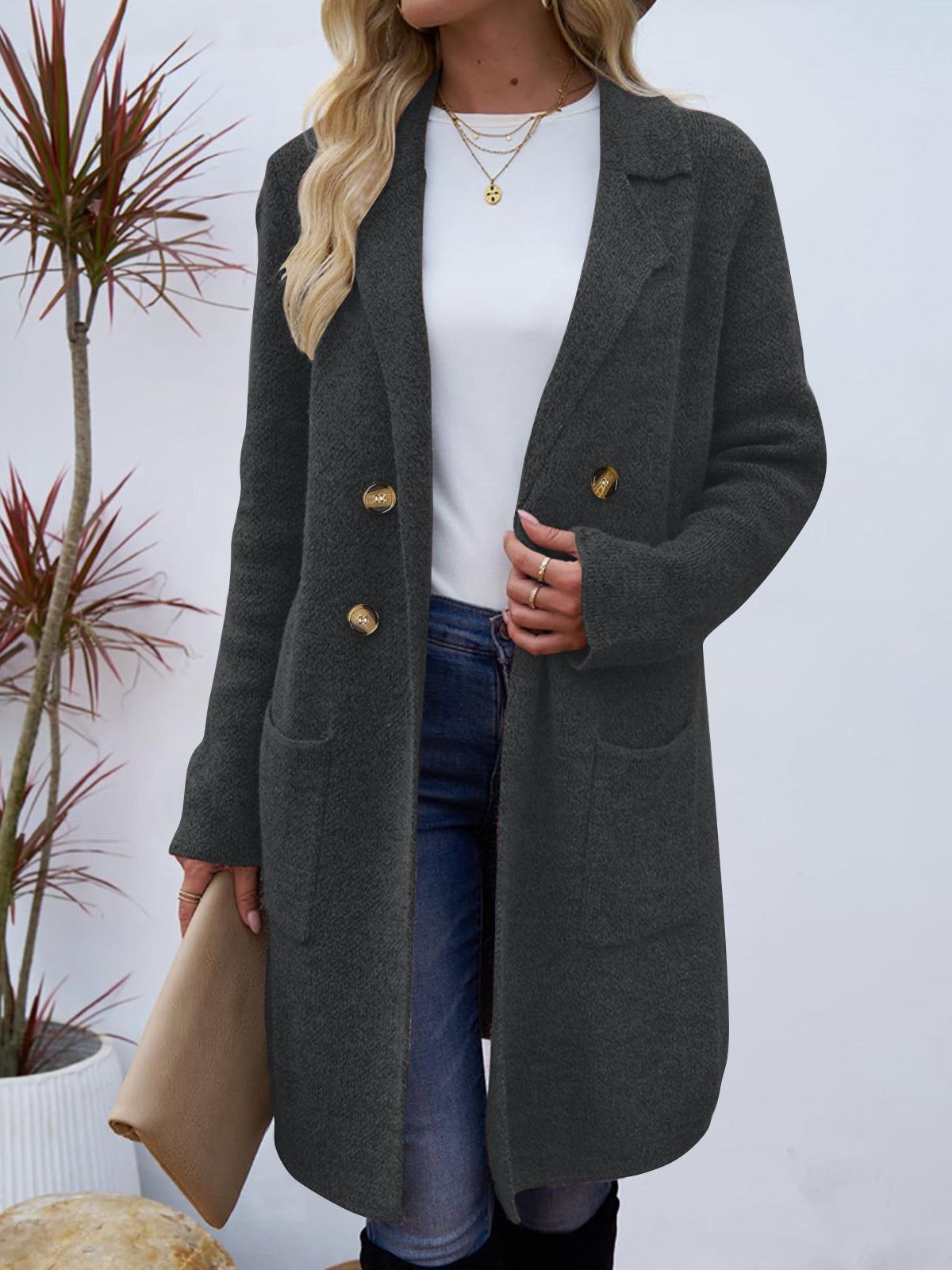 Long cardigan en maille pour femme | Manteau blazer ouvert sur le devant