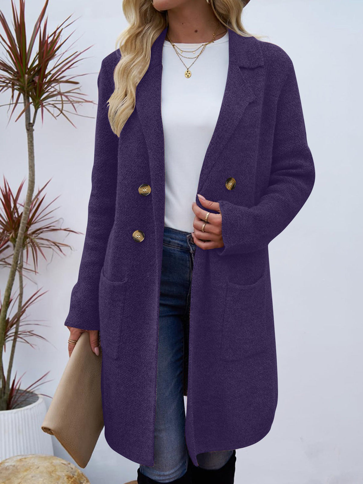 Long cardigan en maille pour femme | Manteau blazer ouvert sur le devant