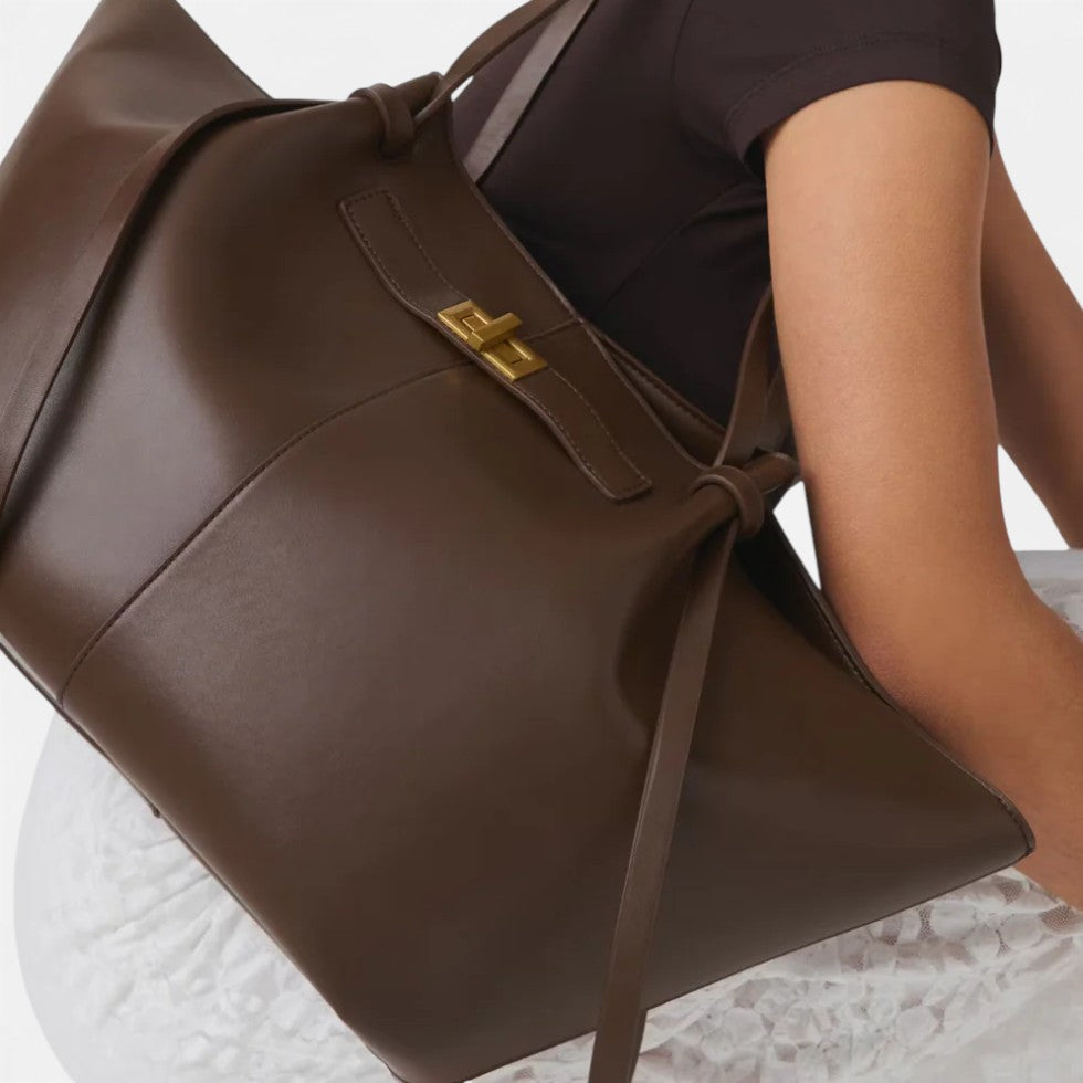 Women's Oversized Leather Tote Bag with Turn-Lock Closure