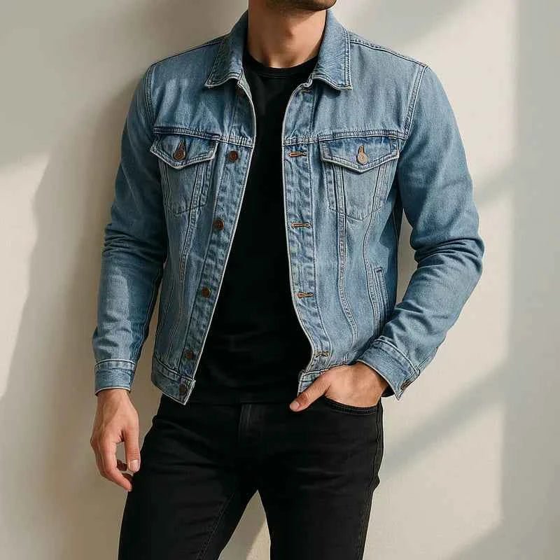 Denim Trucker Jacket with Flap Pockets and Button Front