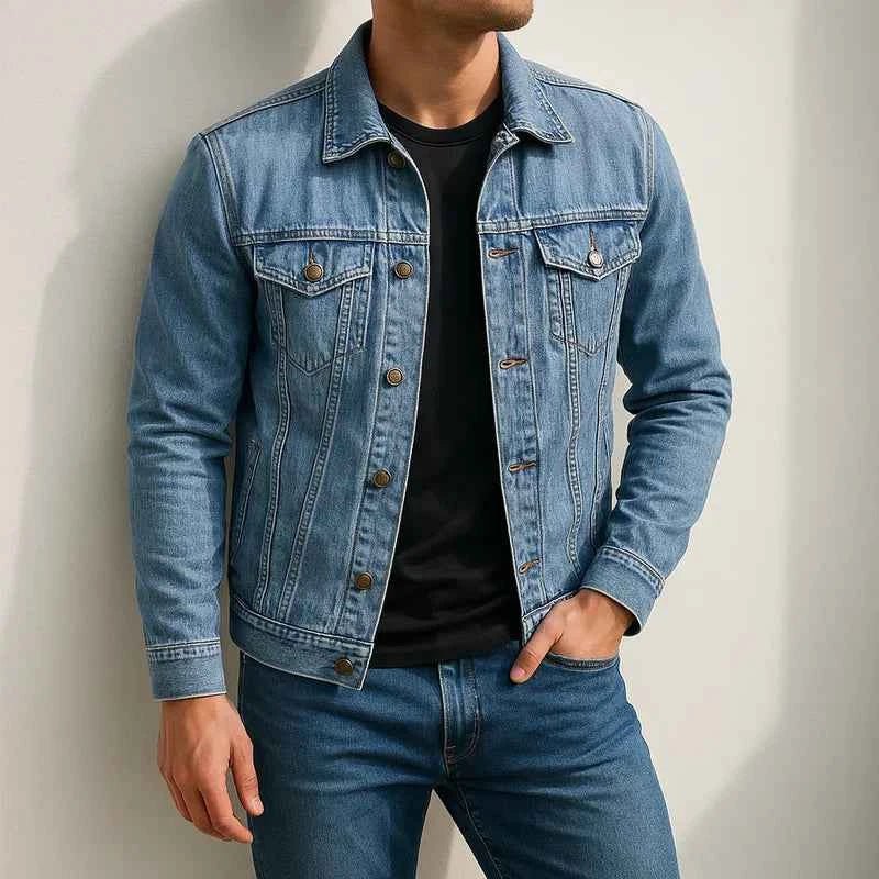 Denim Trucker Jacket with Flap Pockets and Button Front