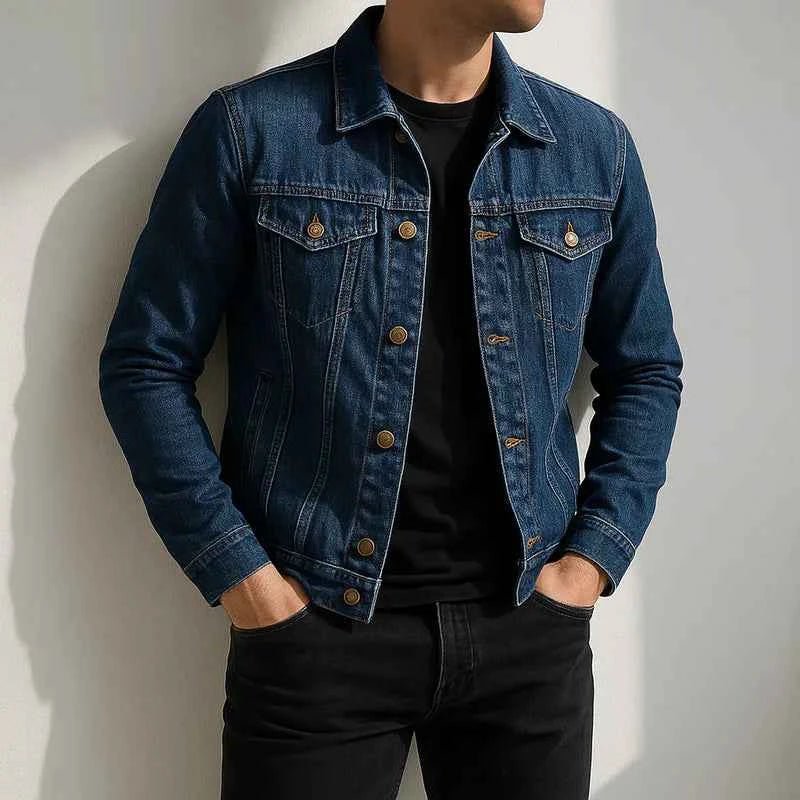 Denim Trucker Jacket with Flap Pockets and Button Front