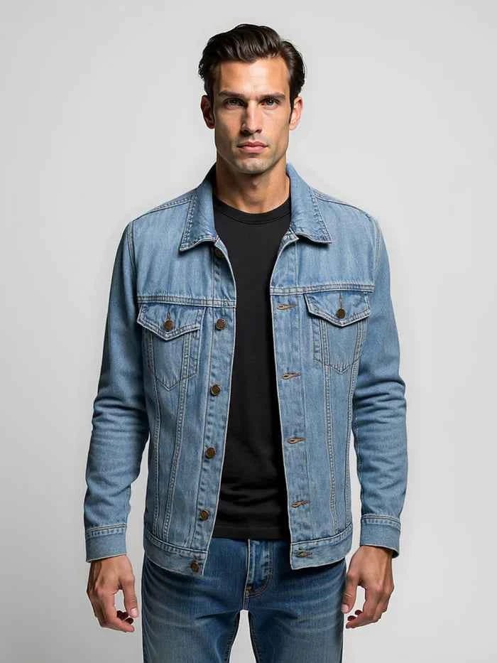Denim Trucker Jacket with Flap Pockets and Button Front