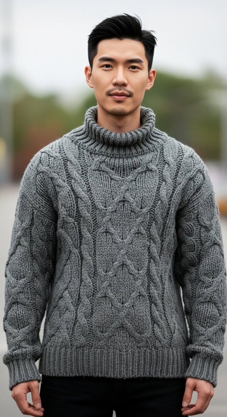 Men's Cable Knit High Neck Jumper