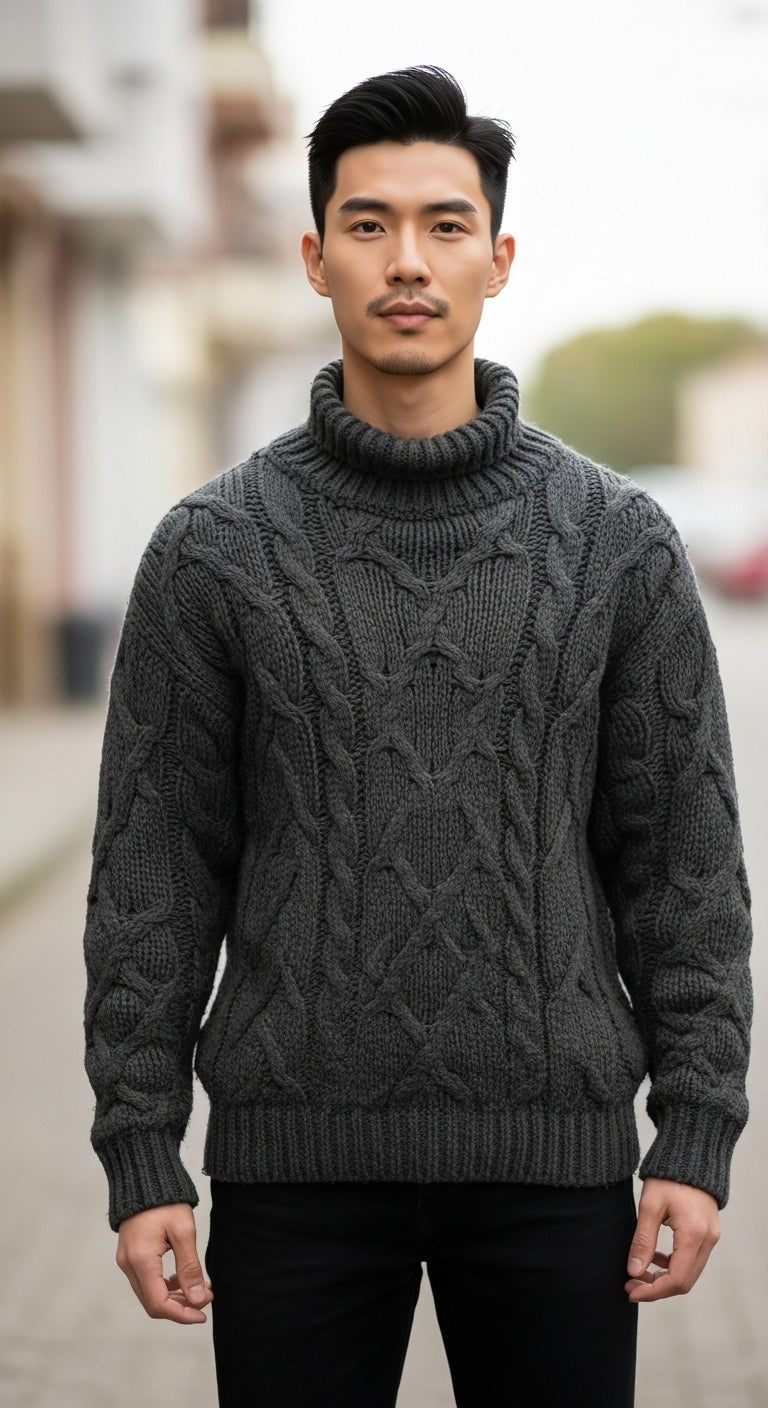 Men's Cable Knit High Neck Jumper