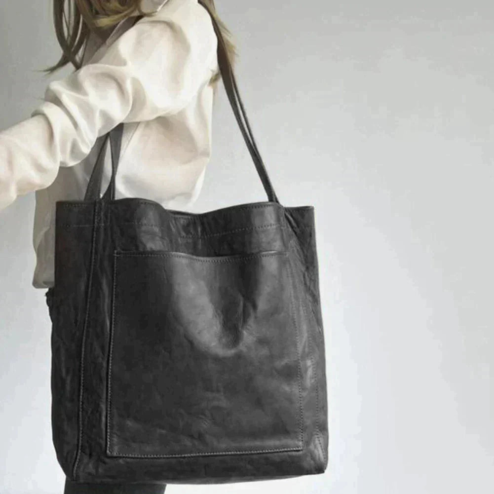 Leather Tote Bag with Front Pocket and Shoulder Straps