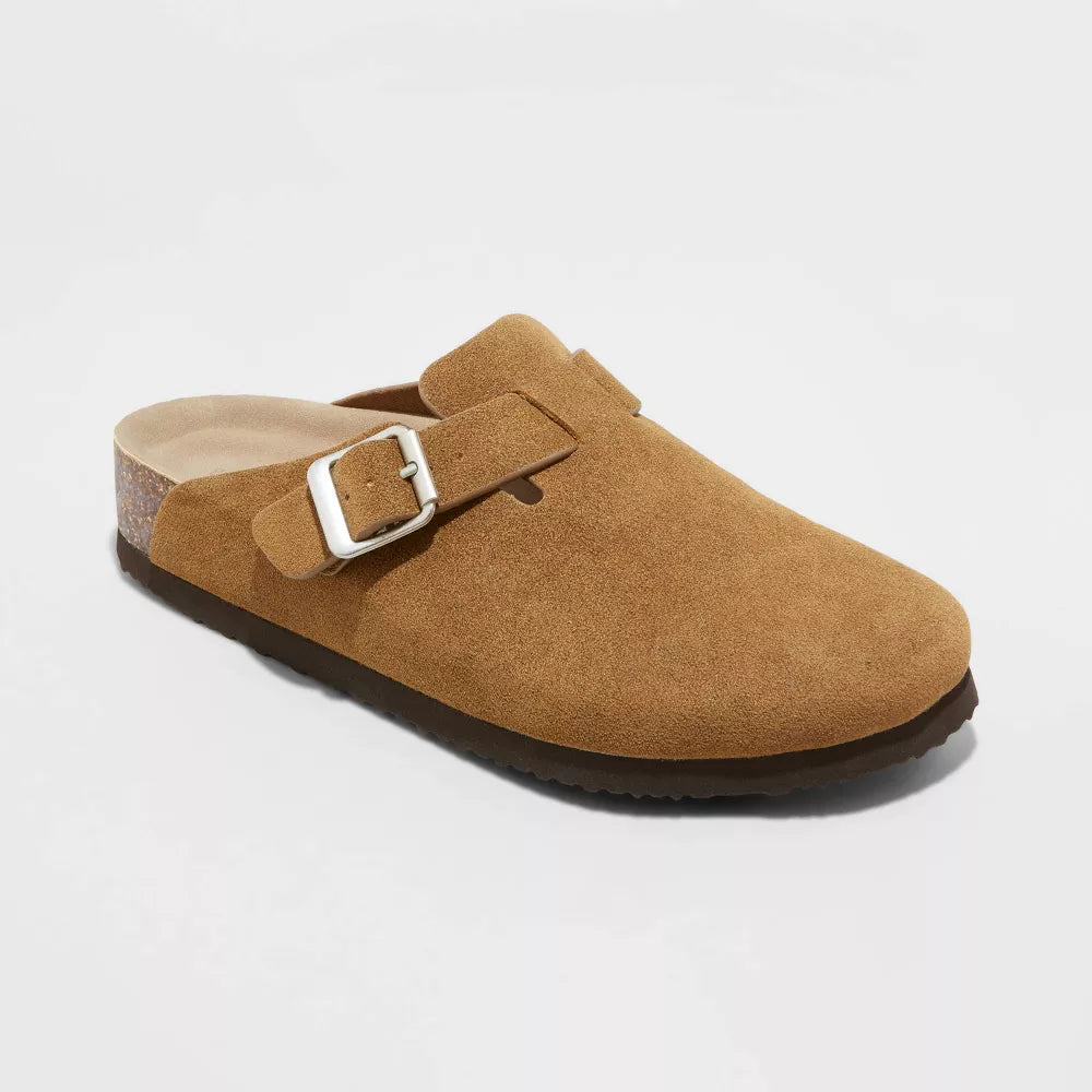 Suede Clogs with Buckle Strap and Cork Sole