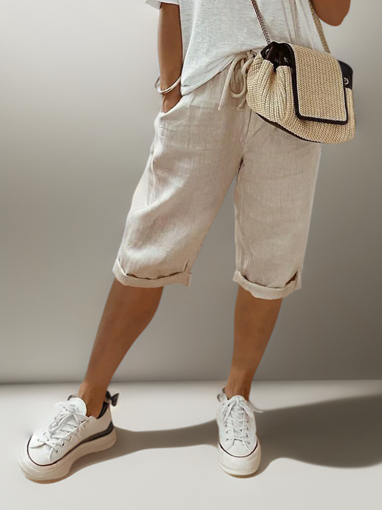 Knee-Length Linen Shorts with Rolled Hem