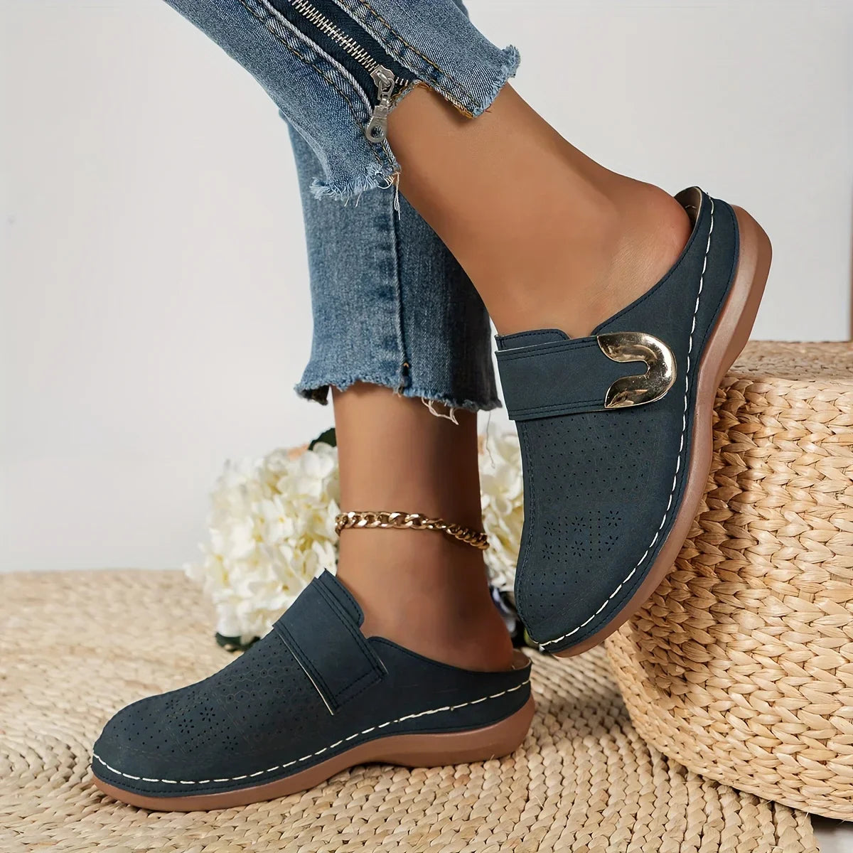 Slip-On Clog Mules with Decorative Buckle