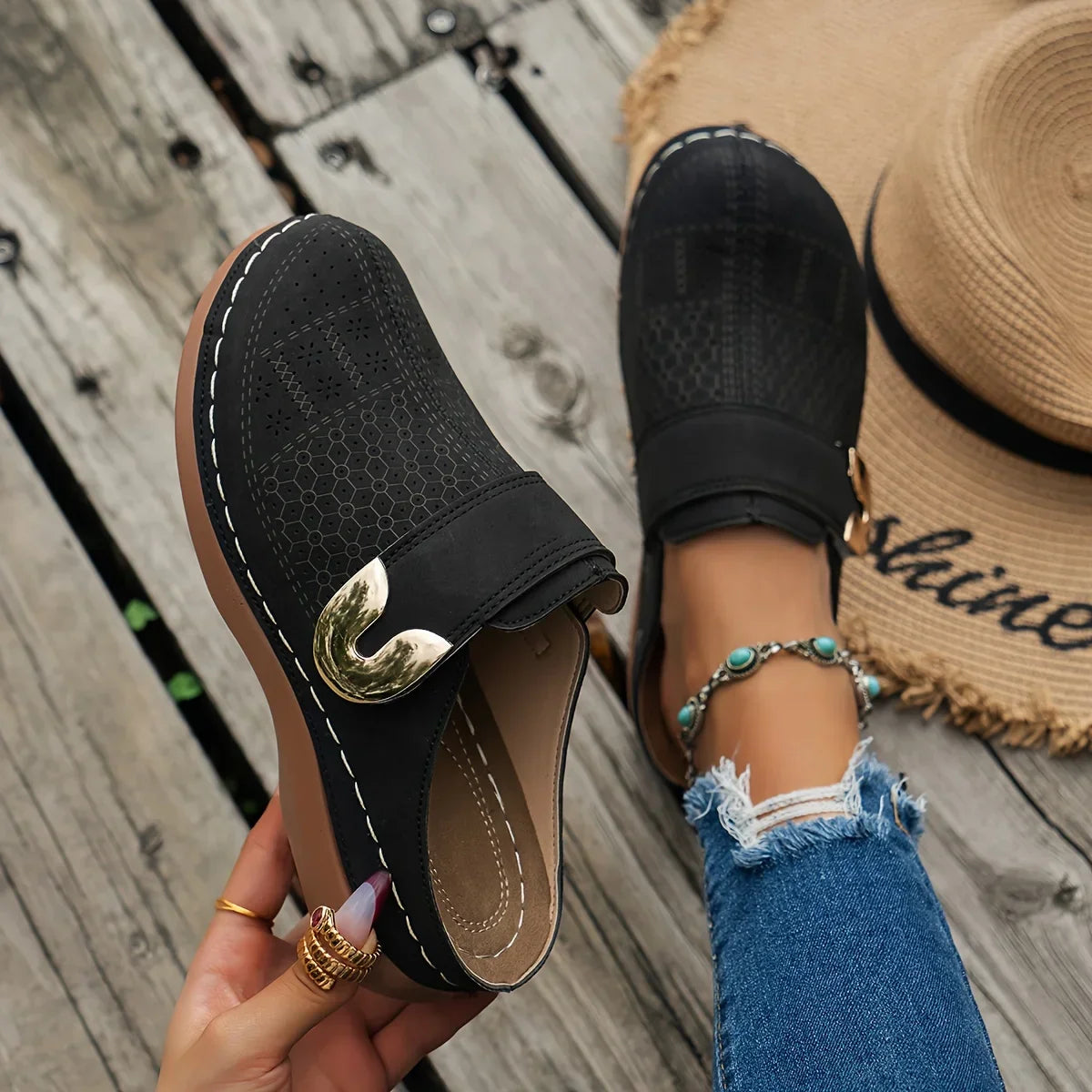 Slip-On Clog Mules with Decorative Buckle