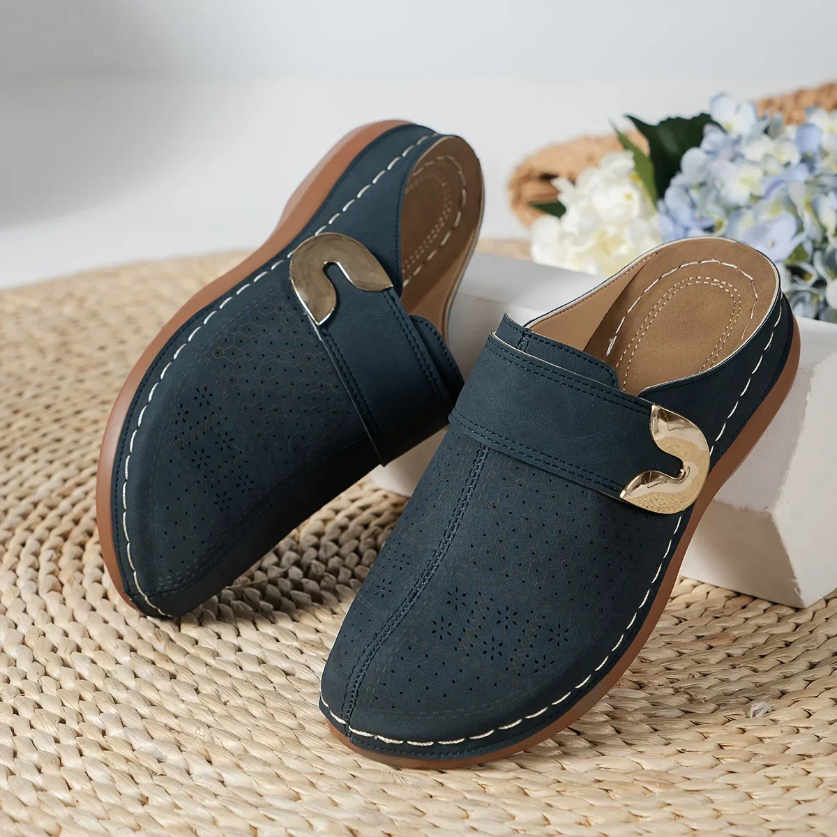 Slip-On Clog Mules with Decorative Buckle