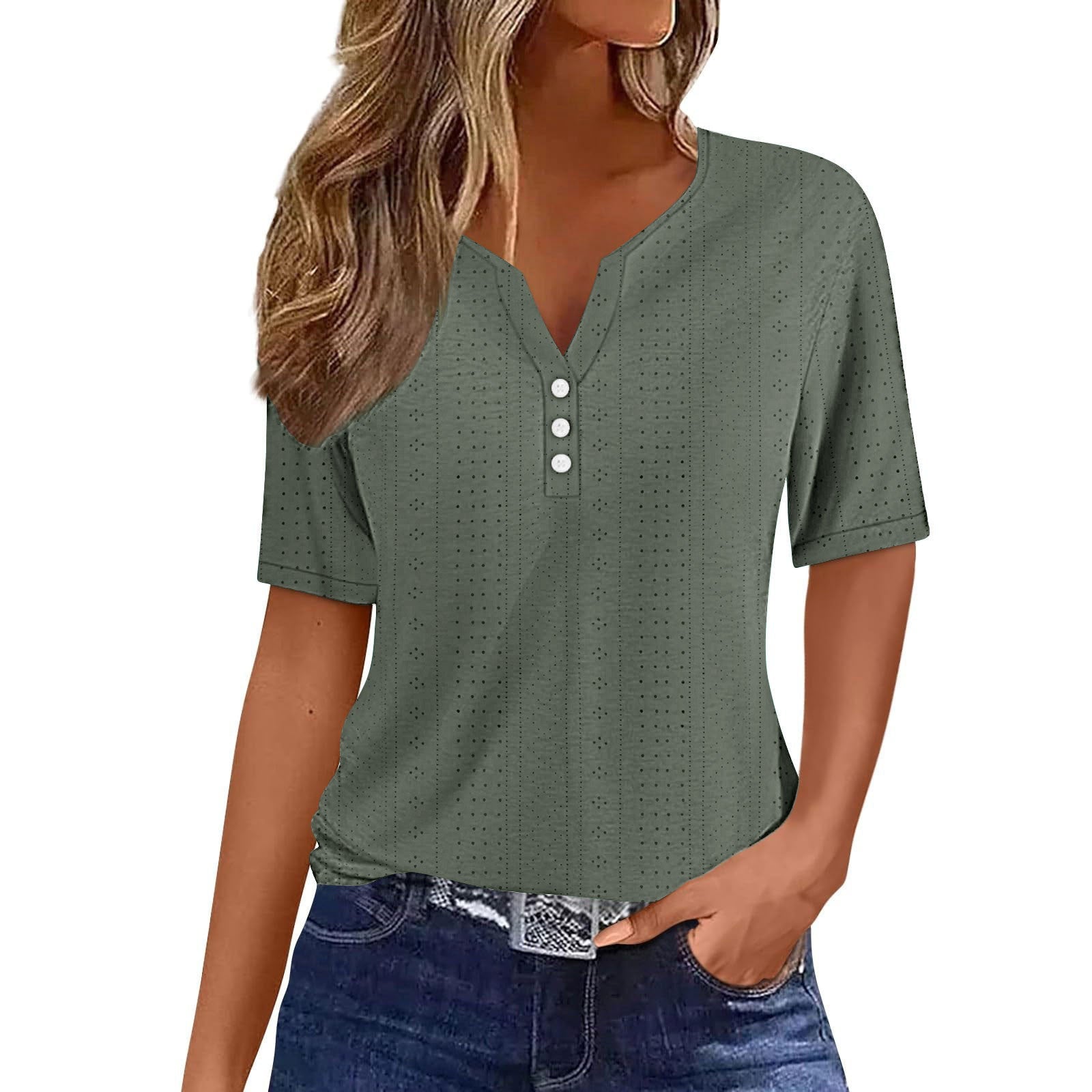 Textured V-Neck Blouse with Button Placket