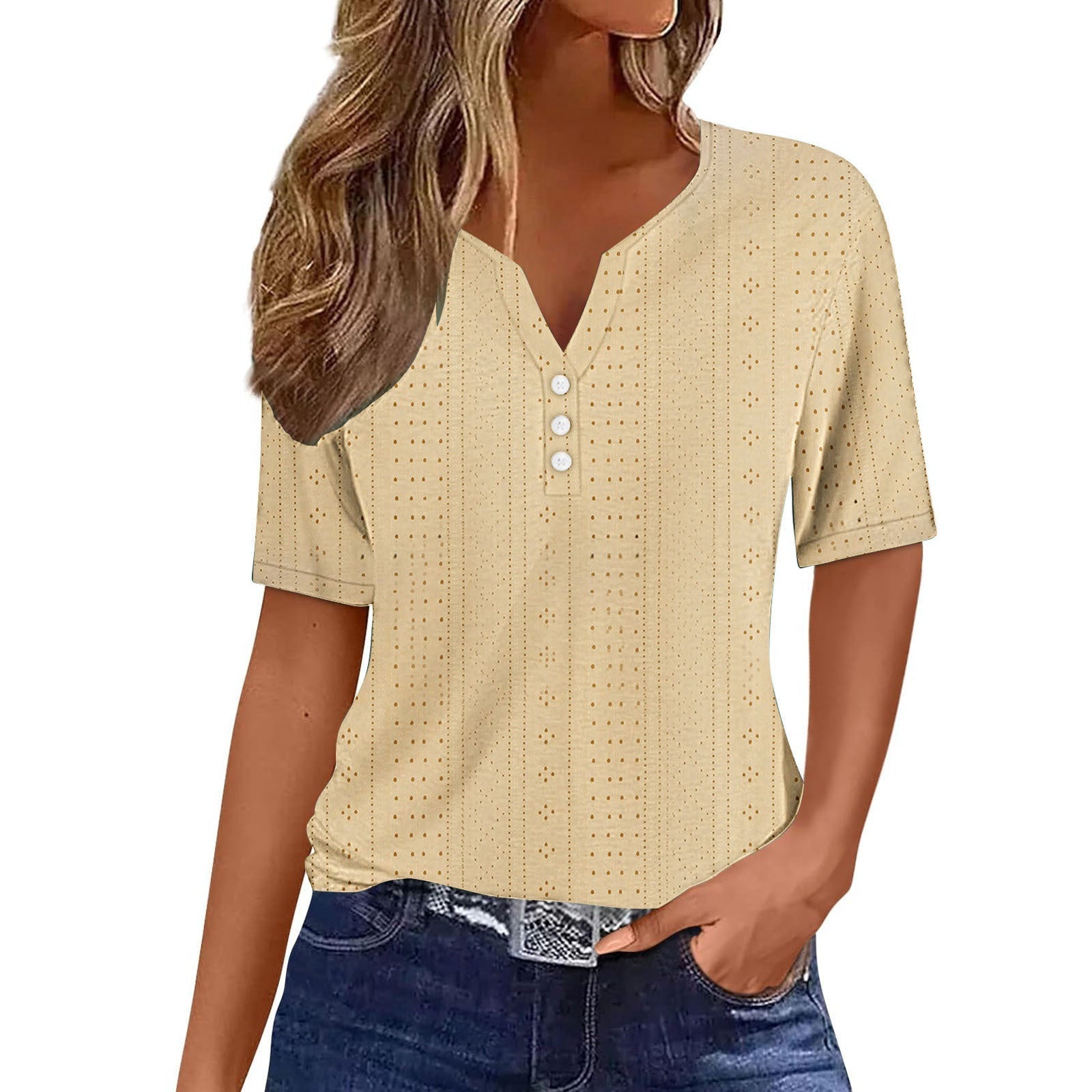 Textured V-Neck Blouse with Button Placket