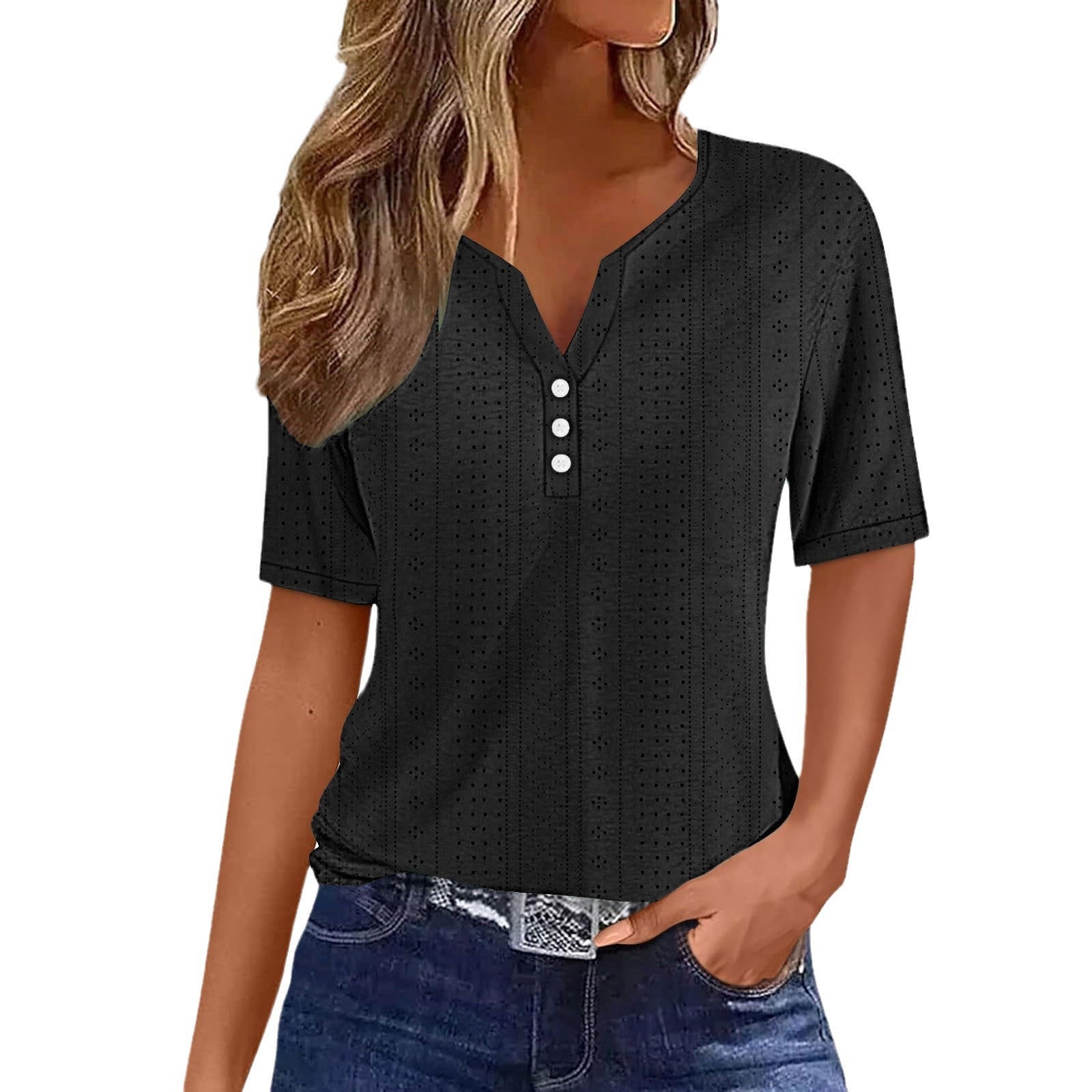 Textured V-Neck Blouse with Button Placket