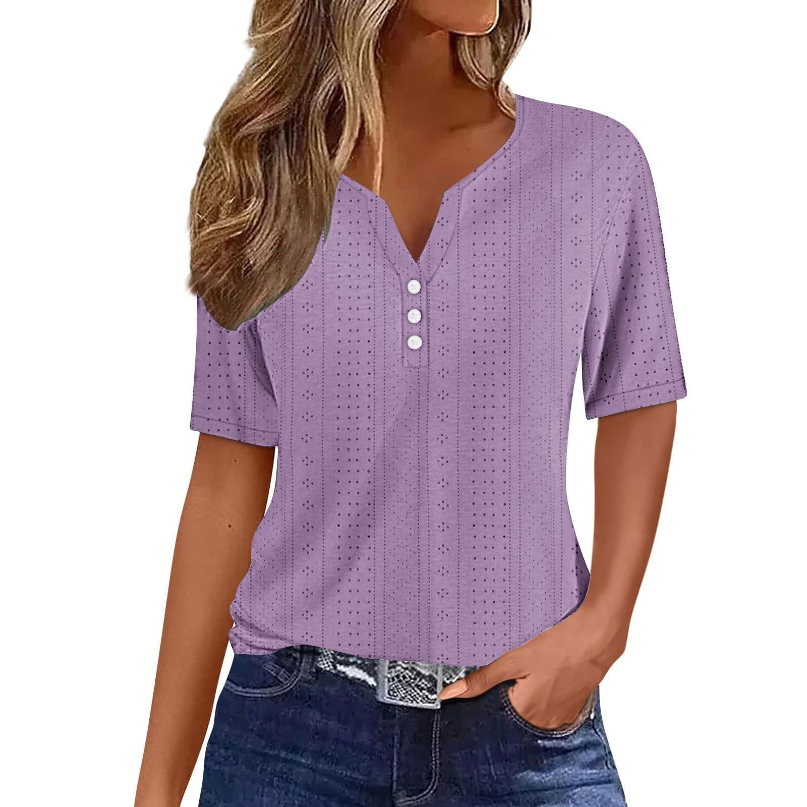Textured V-Neck Blouse with Button Placket