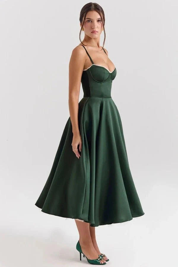Corset Midi Dress with Sweetheart Neckline and Full Skirt