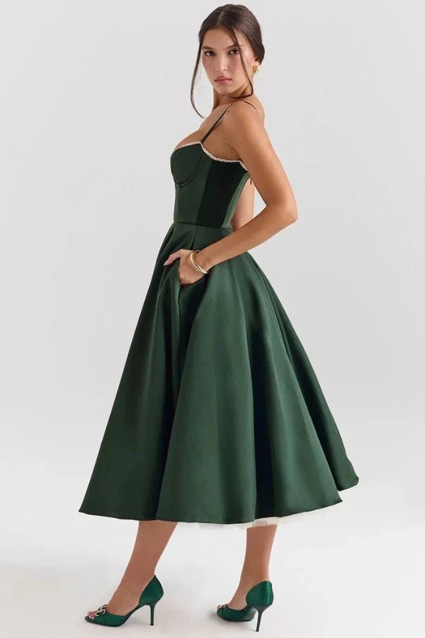 Corset Midi Dress with Sweetheart Neckline and Full Skirt