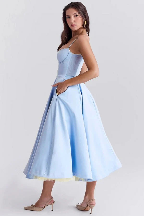 Corset Midi Dress with Sweetheart Neckline and Full Skirt
